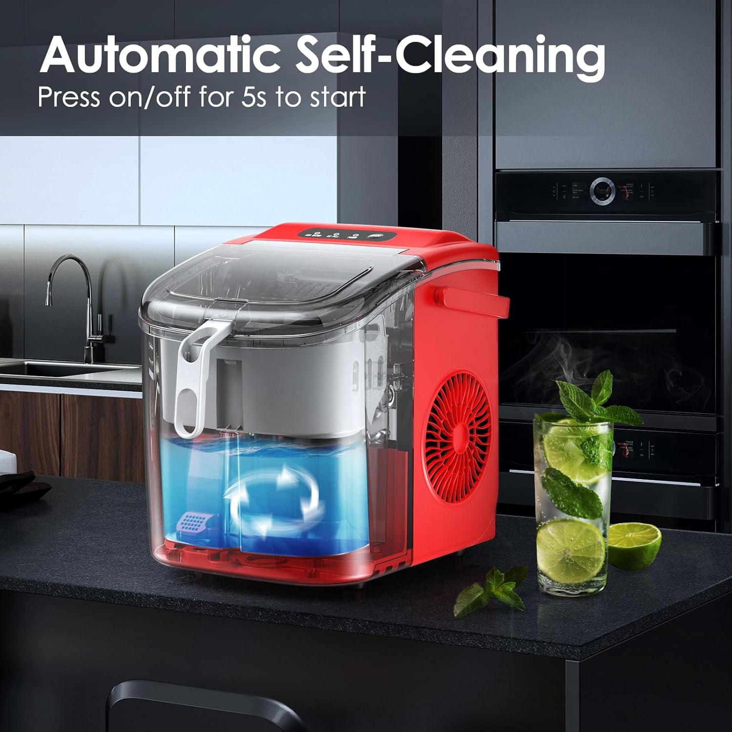 Countertop Ice Maker, Portable Ice Maker w/Handle, 6 Mins 9 Pcs Ice, 26 lbs Ice/24Hrs, Self-Cleaning, w/Ice Bags, Scoop & Basket, Ice Machine for Home/Kitchen/Office/Party
