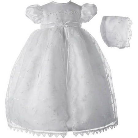 Christening Baptism Newborn Baby Girl Special Occasion Girls Long Embroidered Organza Split Front Skirt Over Bridal Satin Dress w/ Sequin Accents