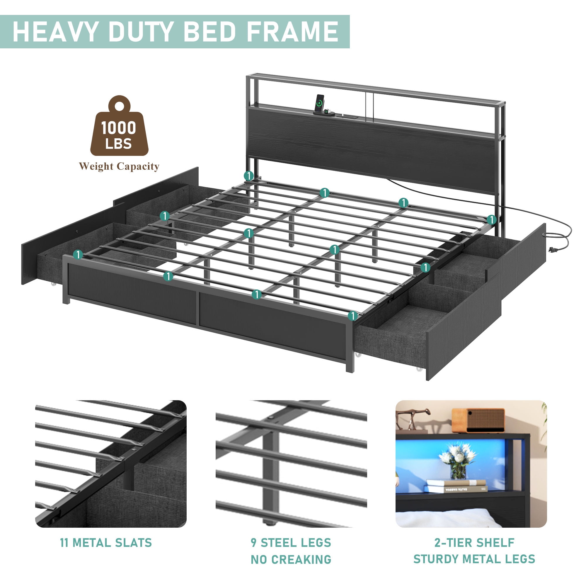LED King Size Bed Frame with Storage Headboard & 4 Drawers, Industrial Metal Platform Bed with Power Charging Station & USB Ports