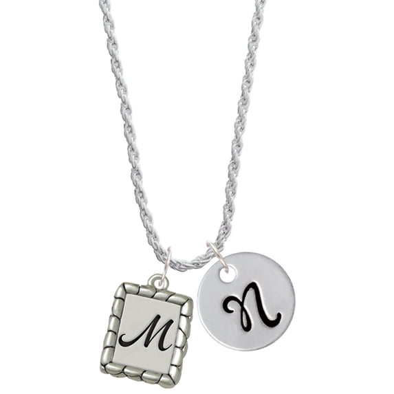 Delight Jewelry Silvertone Pebble Border Initial - M Silvertone Script Initial Disc - N - Charm Necklace, 20"+3"