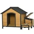 thumbnail image 2 of PawHut Wooden Outdoor Dog House, Cabin-Style Pet House with Feeding Bowls, Asphalt Roof, Storage Box for Dogs Up To 66 Lbs., Natural, 2 of 9