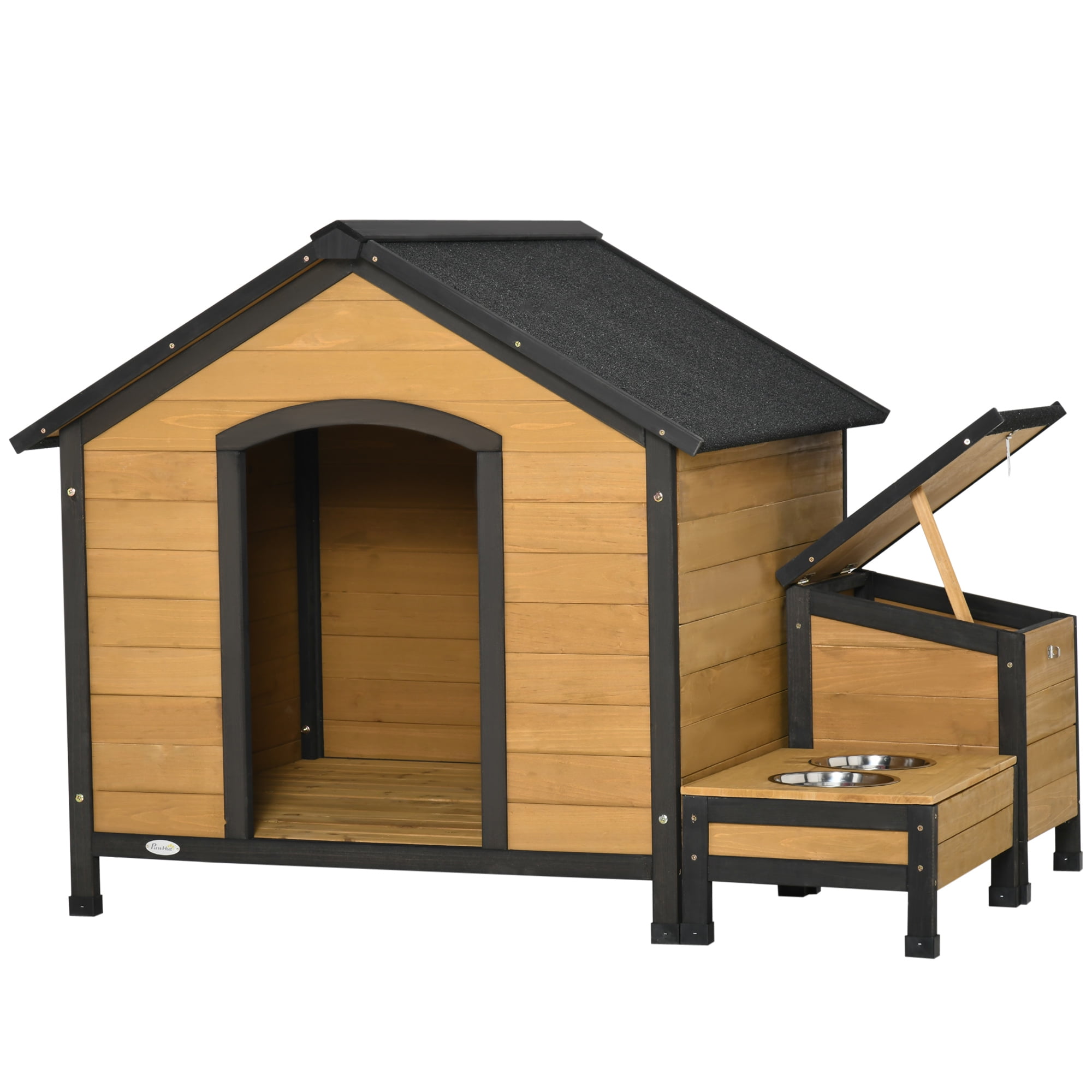 PawHut Wooden Dog House Outdoor Cabin Style Raised Pet Home Cottage with Bowls Weather Resistant Roof Storage Box for Medium Sized Dog Natural Wood Walmart