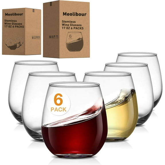 Large Stemless Wine Glasses Set of 6, 17 Ounces Red & White Wine Glasses Tumbler for Party, Clear Drink Glasses, Ideal Wine Accessories Gift, Lead-free, Dishwasher Safe
