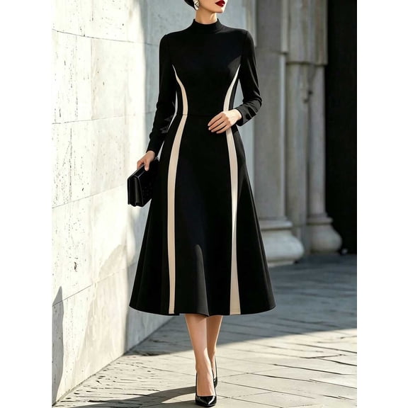 Women High Neck Long Sleeve Midi Dress, Color Block Contrast Panel A Line Flared Dress, Elegant Formal Dress for Business Wedding Party