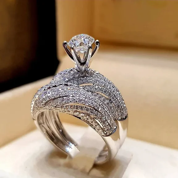 New 2PCS/Set Milangirl Trendy Crystal Ring Set Wedding Rings Women Geometric Luxury White Bridal Rings Jewelry