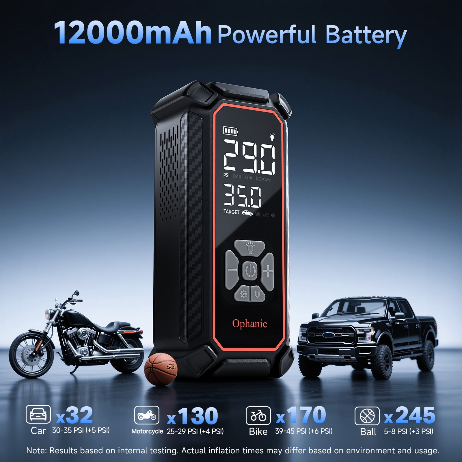 Ophanie Cordless Tire Inflator Portable Air Compressor, 12000mAh Battery, Air Pump for Car Tires with Automatic Shutoff, Electric Pump with Digital Pressure Gauge