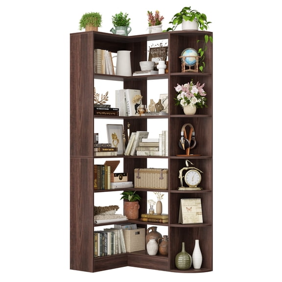 iSunirm 7-Tier Corner Bookshelf with Baffle, 71'' Tall L-Shaped Bookcase Display Shelf with 13 Open Storage Shelves for Home and Office