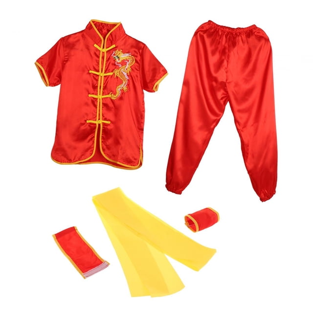 QualitChoice Chinese Traditional Tai Clothing Martial Arts Outfits Feature Handmade Embroidery Morning Exercise Kung Fu Uniform Red 140