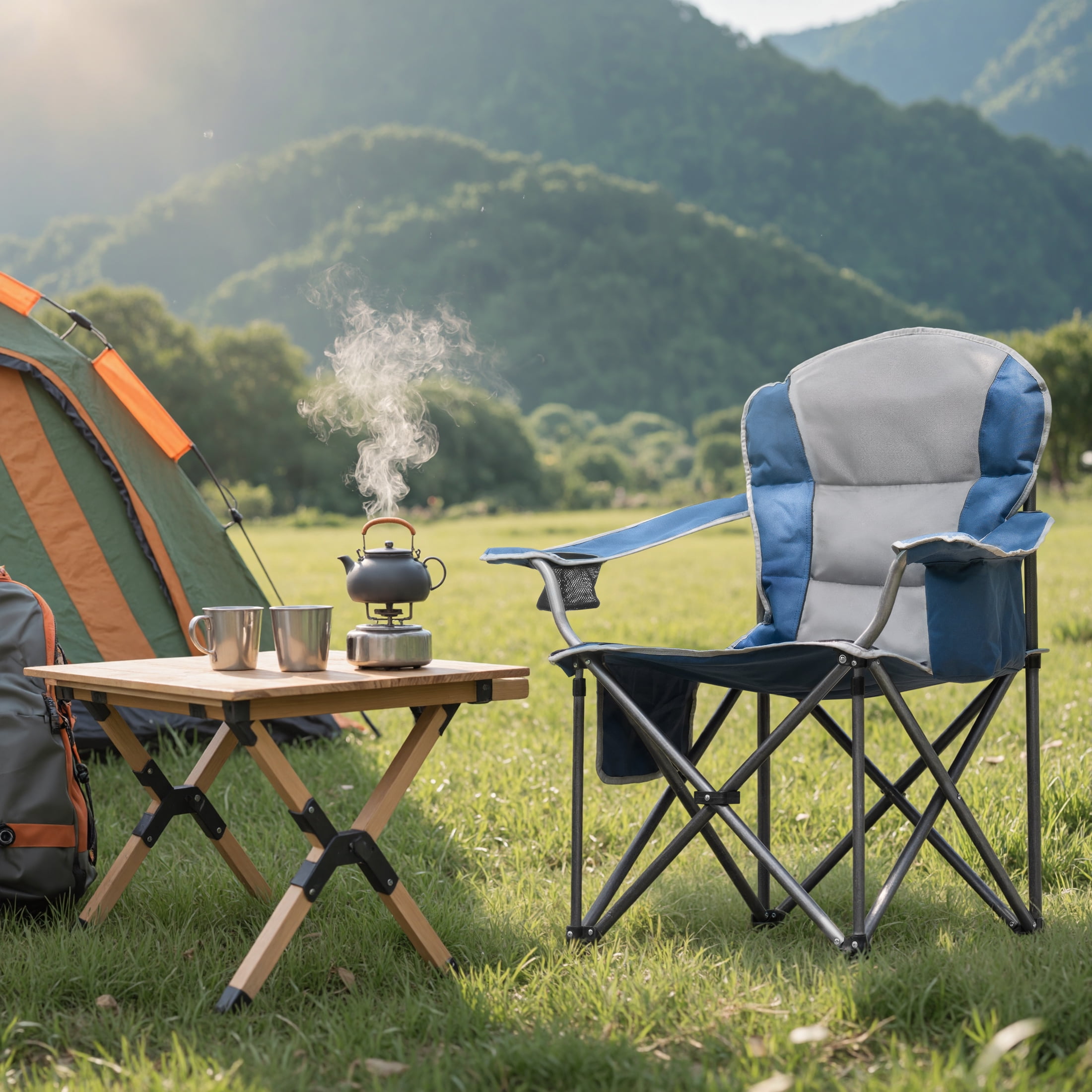 EDX Oversized Camping Folding Chair, Heavy Duty Padded Chair with Cup Holder Storage and Cooler Bag, 500 lbs Steel Frame, Portable for Outdoor,Blue Gray