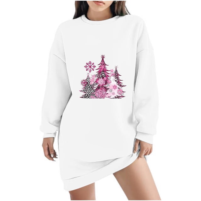 Pisexur Robe de Noël pour Femmes Mode Imprimé Arbre de Noël Col Rond Robe Chandail en Molleton Décontractée Manches Longues Robe de Fête d'Automne Mini Robe