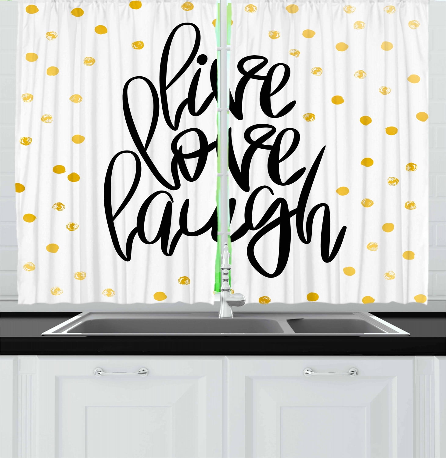 Live Laugh Love Curtains 2 Panels Set, Stylized Hand Lettering on
