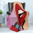 thumbnail image 4 of Lips Soft Flannel Fleece Throw Blanket, Retro Comic Pop Art Girl Applying Red Lipstick Makeup Concept Halftone Background, Cozy Plush for Indoor and Outdoor Use, 60" x 80", Multicolor, by Ambesonne, 4 of 5
