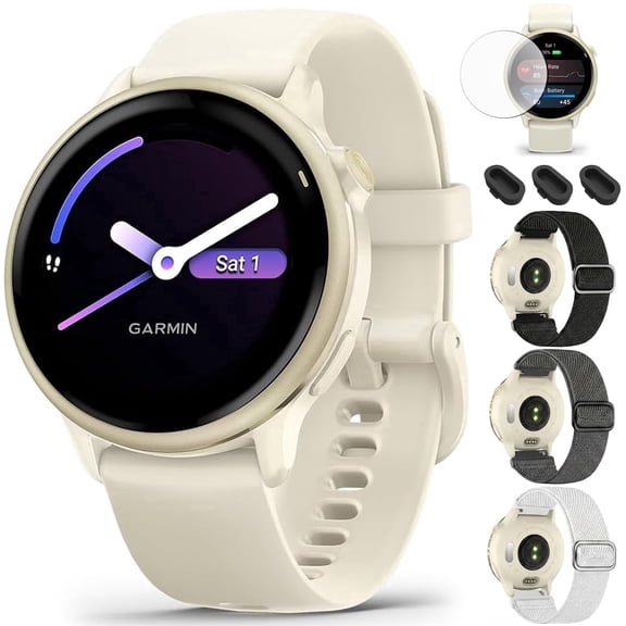 Garmin 010-02985-01 VIVOACTIVE 6 Health and Fitness GPS Smartwatch Bone with Silicone Band Bundle with Deco Essentials Nylon Elastic Bands 3 Pack, Dust Cover 3 Pack and Screen Protector 2 Pack