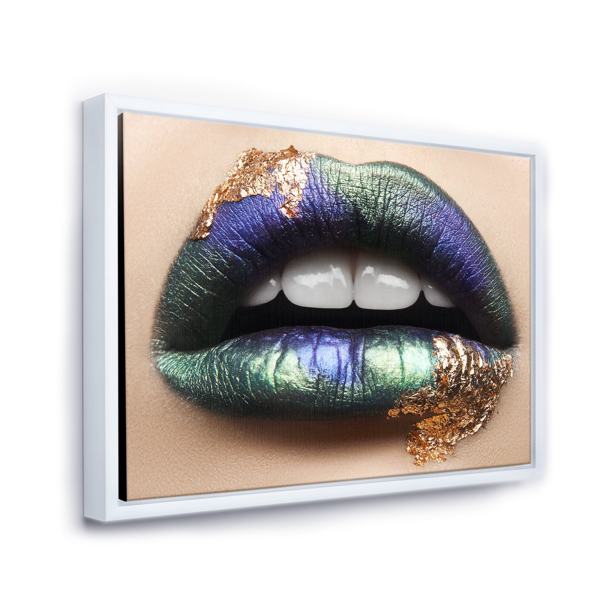 Woman Lips With Green Lipstick & Teeth 32 in x 24 in Framed Photography Canvas Art Print, by Designart