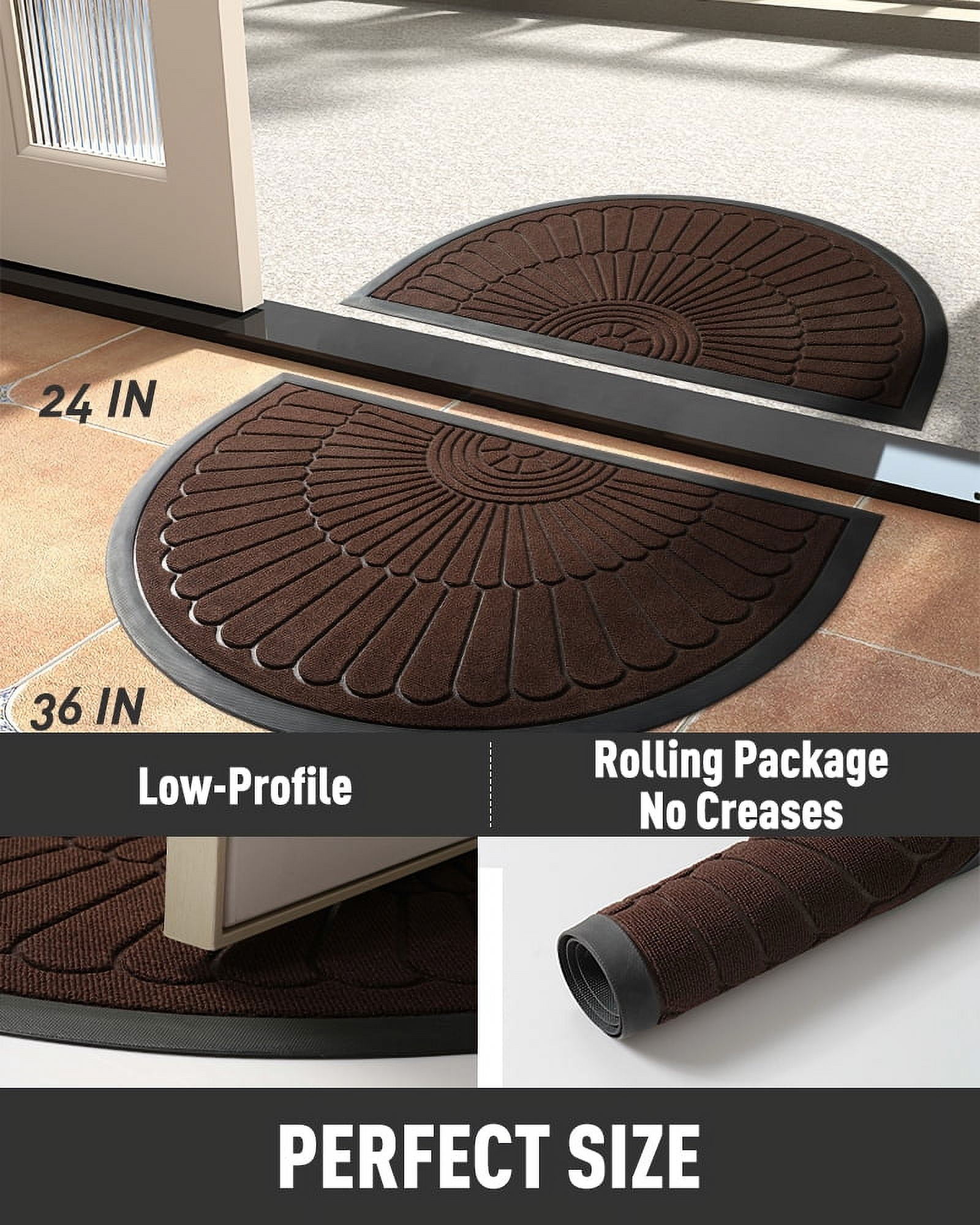 VUNATE Door Mat Outside Indoor Doormat Non Slip Rubber Welcome Mat Outdoor Mat for Front Door Entrance Absorbent Dirt Trapper Floor Mats for Home Low Profile Entry Rug Half Round 24"x35" Brown