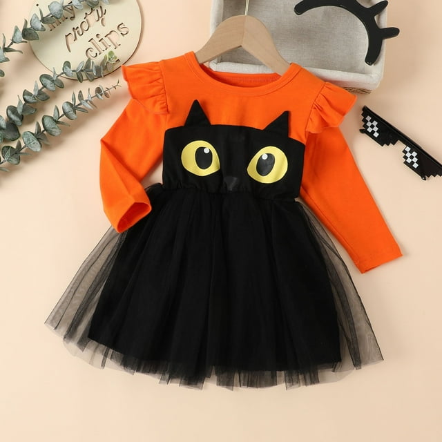 MIASHUI Robes Filles Manches Longues Chat de Dessin Animé Halloween Tenue Tout-Petit Décontractée Robe de Jeu pour Enfants - pour Parties et Activités Extérieures Orange, 4-5 Ans