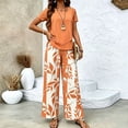 thumbnail image 4 of Guluxicc 2 Piece Women's Outfit Sets Crew Neck Short Sleeve Double Layer Hem Top Leaf Print Wide Leg Pants, 4 of 7