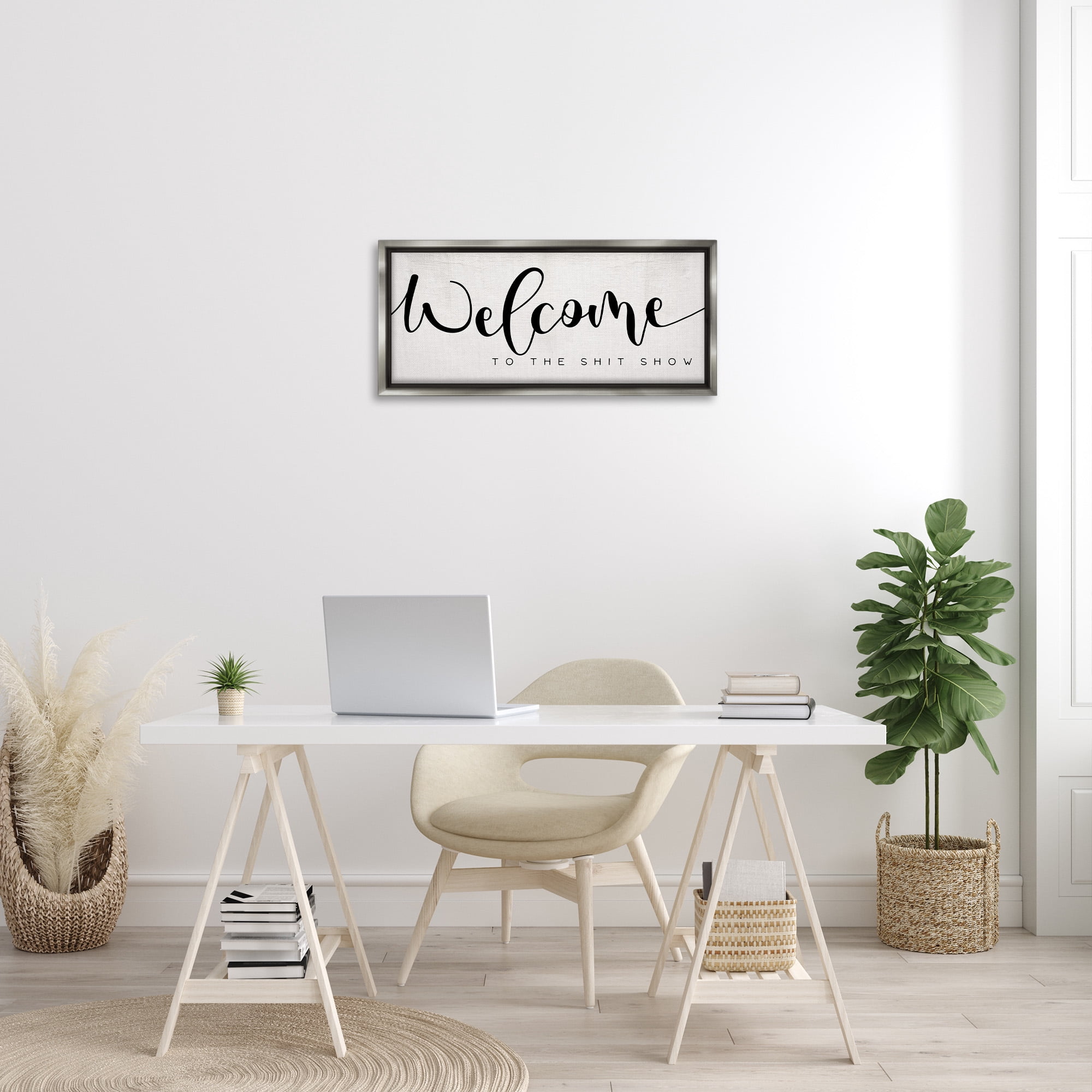 Stupell Industries Sassy Welcome Phrase Typography Painting Gray Floater Framed Canvas Art Print Wall Art, 31 x 14
