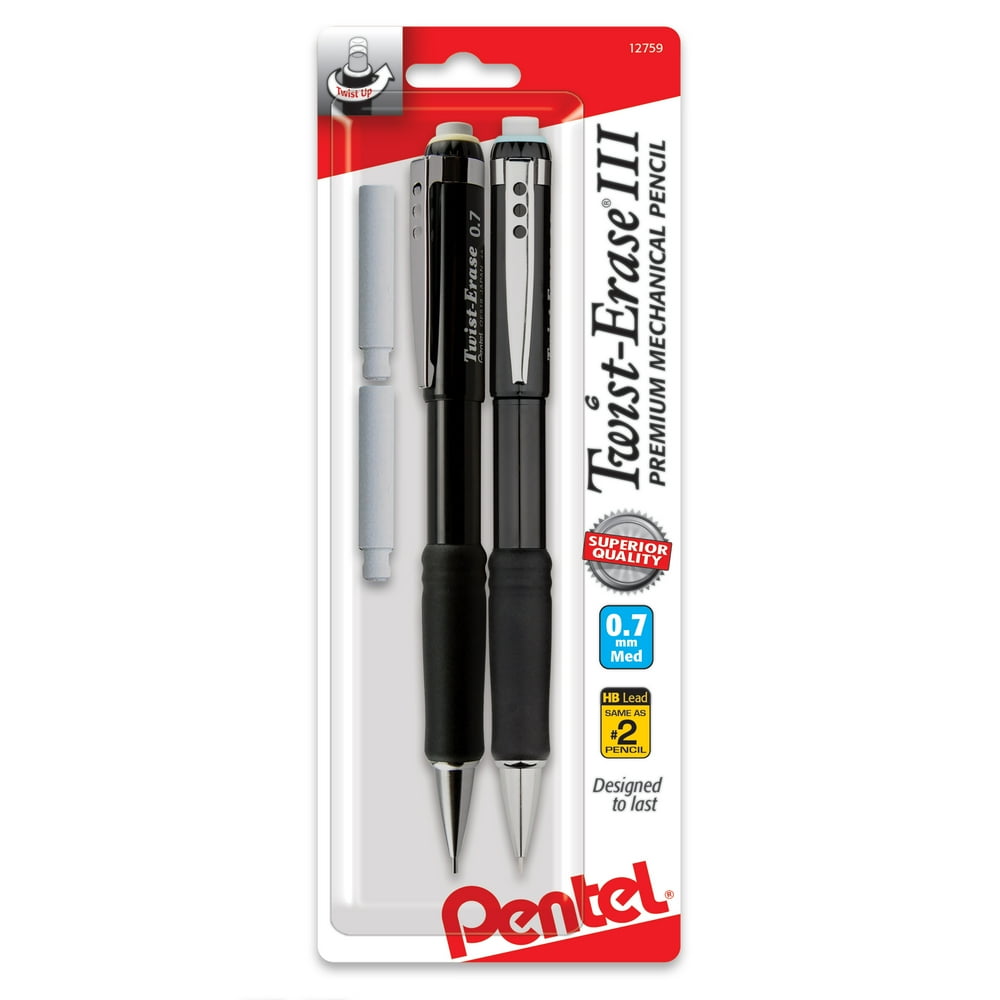 Pentel TwistErase III Pencil, 0.7mm, Asst. 2Pk, 2 eraser refills