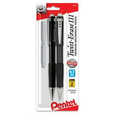 Pentel Twist-Erase III Pencil, 0.7mm, Asst. 2-Pk, 2 eraser refills