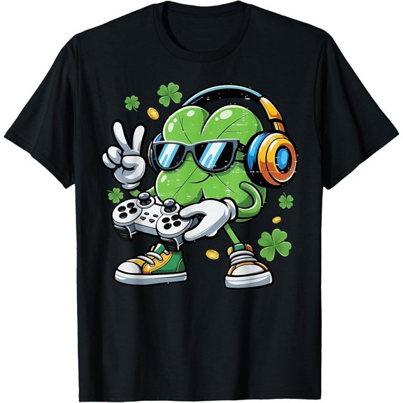 St Patrick Day Gamer Clover Green Lucky Irish Gaming Vibes Boys Girls T-Shirt, T-Shirt for Kids Youth, 180gsm, 100% Cotton