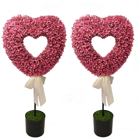 Set of 2 Pink Heart Hydrangea Boxwood with Bow Topiaries, 32", Valentine's Day by FlareFable