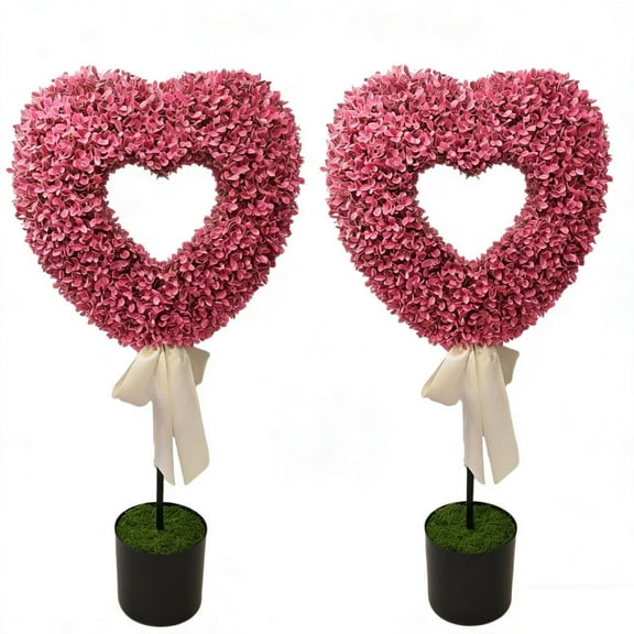 Set of 2 Pink Heart Hydrangea Boxwood with Bow Topiaries, 32", Valentine's Day by FlareFable