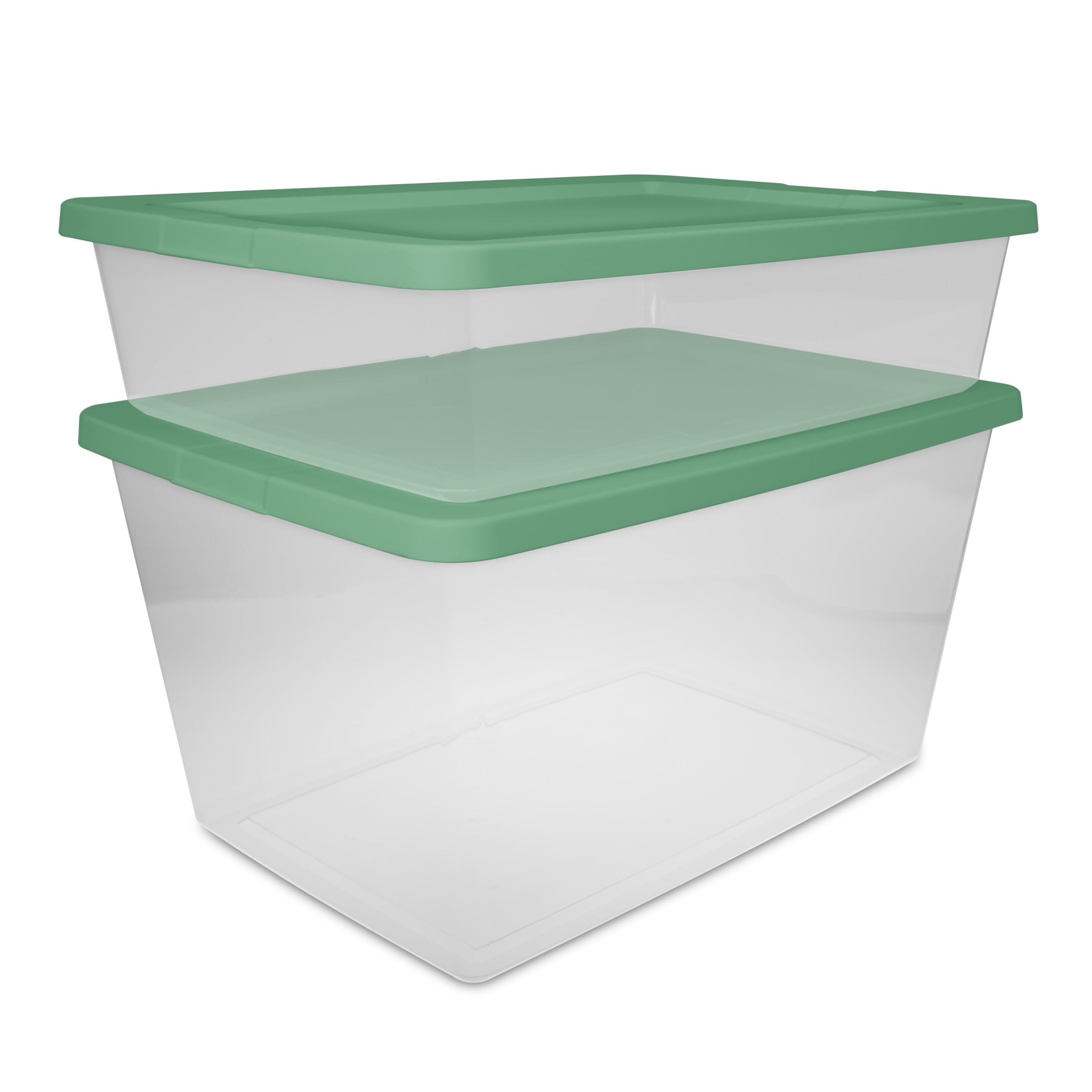 Sterilite, 28 Quart Clear Storage Bin, Snap-on Lid Storage Container, with Green Lid, Set of 2
