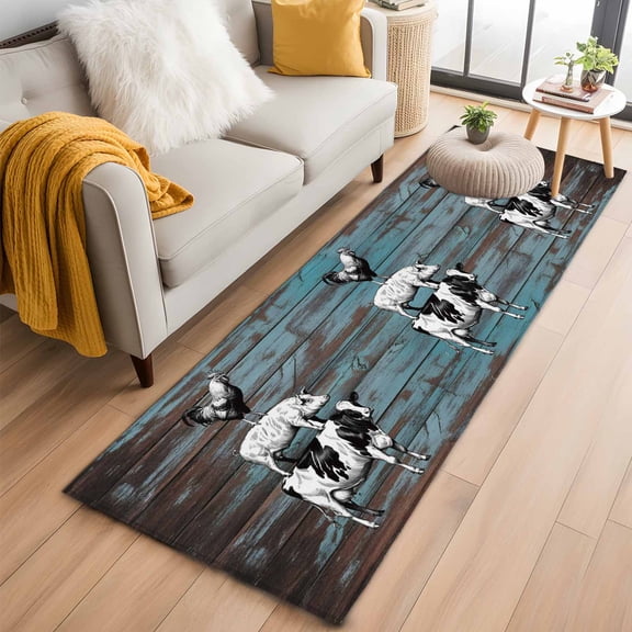 Farmhouse Wooden Grain 2'x6' Runner Rugs for Hallway Kitchen Bedside Non Slip Washable, Vintage Shabby Cow Pig Chicken Entryway Rug Runners with Rubber Backing, Long Carpet Runner for Laundry Room