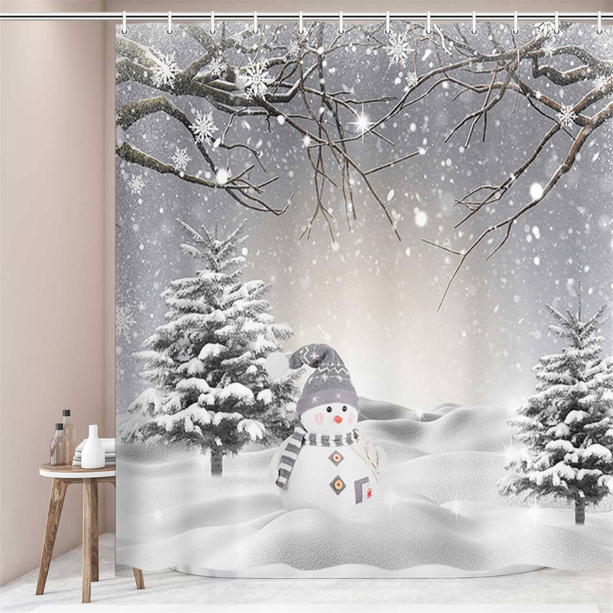Christmas Grey Shower Curtains Winter Snowman Snowflake Snow Forest Trees Decor Fabric Bathroom Curtains Set With Hooks 69 X 70 Inches