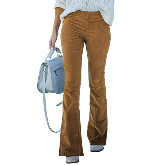 Grianlook Ladies Baggy Corduroy Trousers Wide Leg Elastic Waisted Palazzo Pant Loungewear With Pockets Flare Pants Camel M
