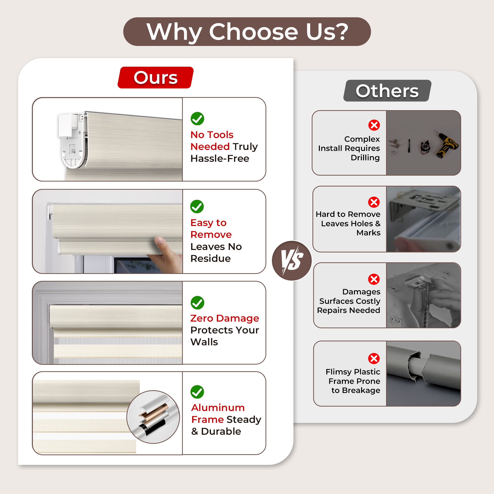 Allesin Zen No Drill No Tools Cordless Zebra Blinds, Beige, 29"Wx48"H
