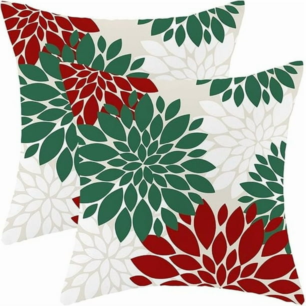 HAYAN Christmas Pillow Covers 18x18 Inch Set of 2 Green Red Dahlia Floral Decor Throw Pillows White Xmas Holiday Modern Geometry Flower Outdoor Decorative Cushion Cases for Sofa Couch Bed Decorations