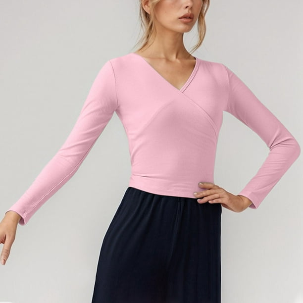 MHFRRA Camisetas de Mujer para Uso Diario, Cuello En V, Manga Larga con Diseño de Lazo, Estilo Casual y Cómodo para Todas Las Estaciones, para Bailar y Actividades de Ocio. Rosa