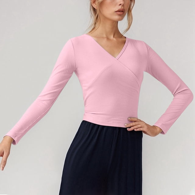 MHFRRA Camisetas de Mujer para Uso Diario, Cuello En V, Manga Larga con Diseño de Lazo, Estilo Casual y Cómodo para Todas Las Estaciones, para Bailar y Actividades de Ocio. Rosa