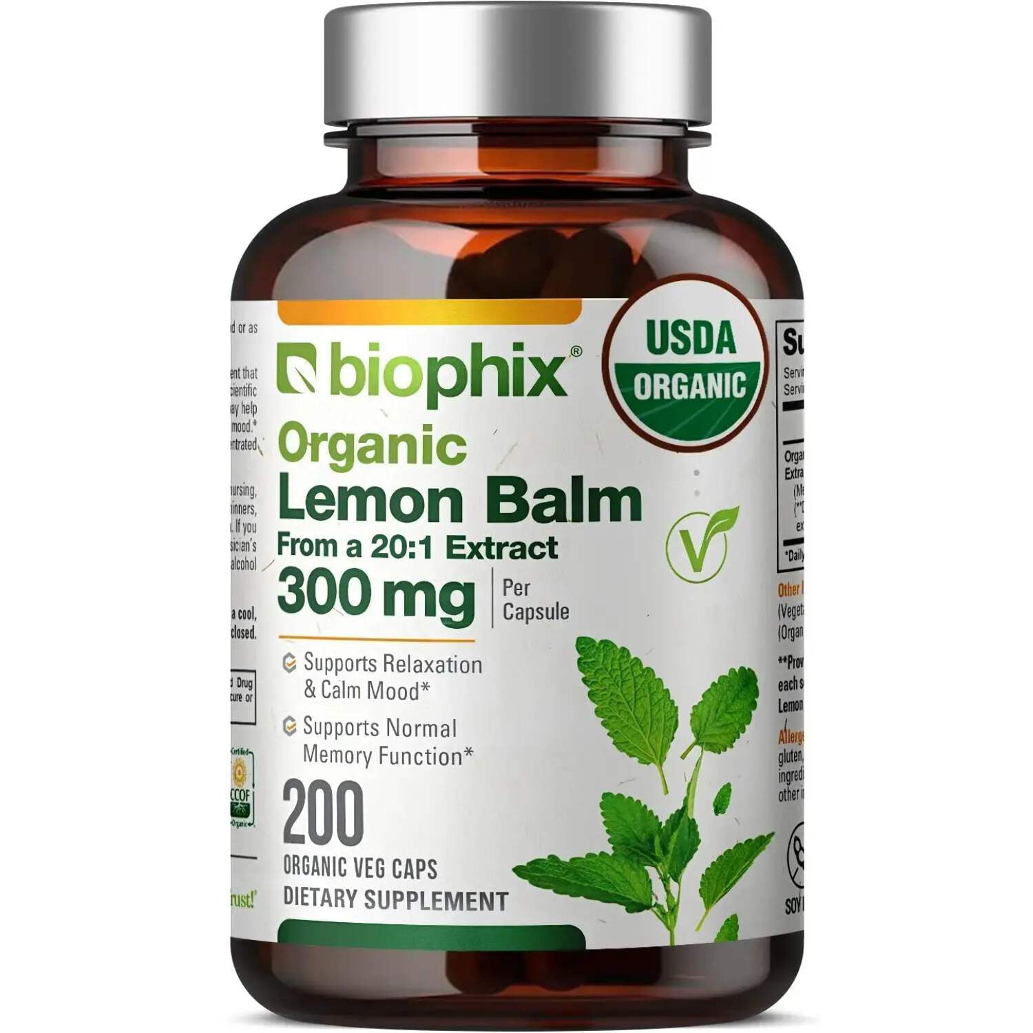 Biophix Lemon Balm Organic 20:1 Extract 300mg 200 Veggie Caps - Stress, Mood & Sleep Support