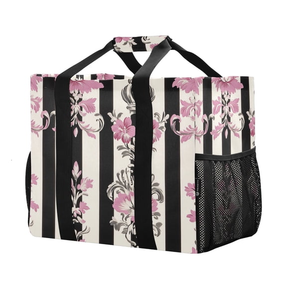 YAZAOO Mesh Beach Bags Totes Foldable Multiple Pockets Creatively Floral Pink Black Damask Printed