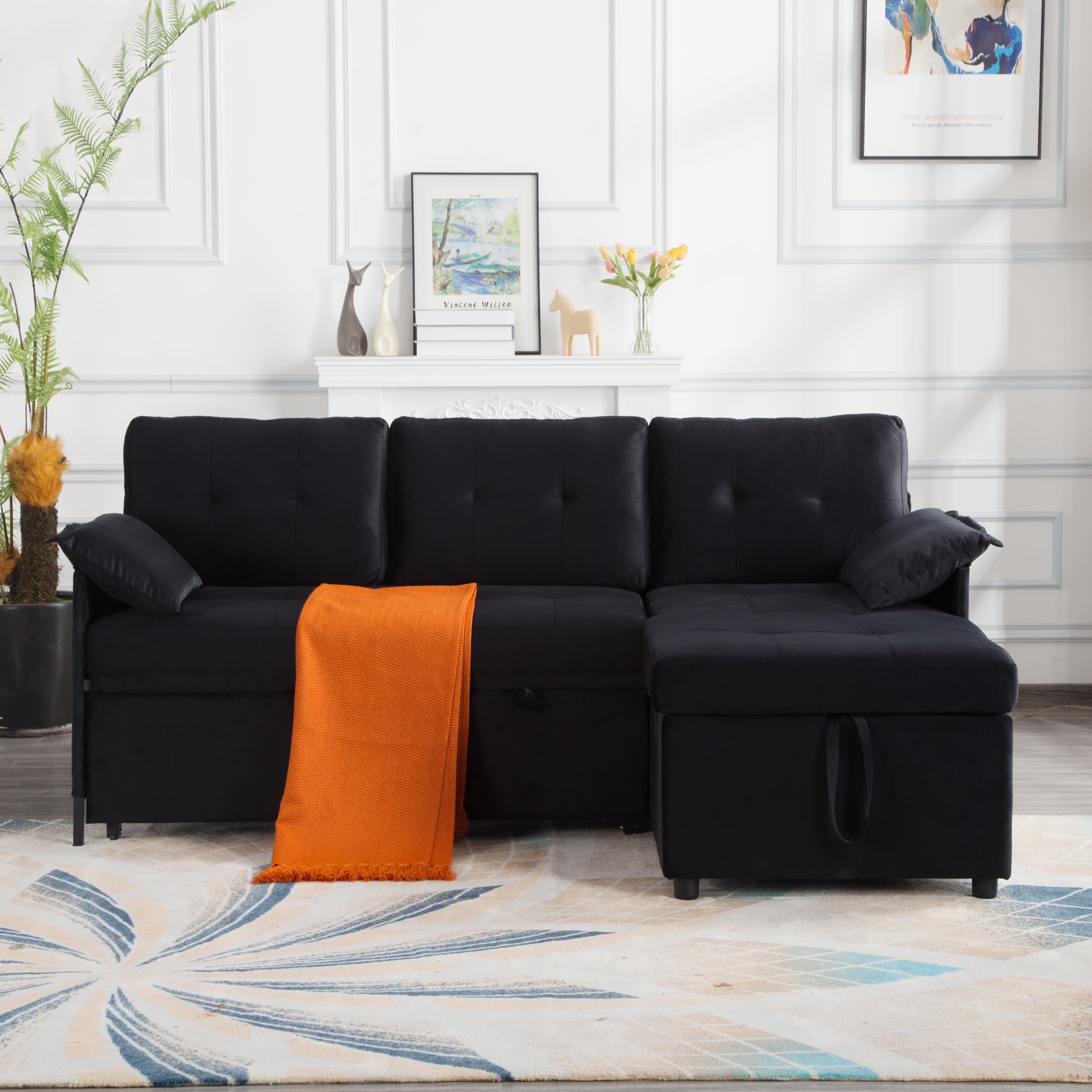 BSHTI 77.6" Reversible Sectional Sleeper Sofa Bed with Storage, 2-in-1 L-Shaped Convertible Pull Out Bed, Velvet Fabric, Modern Living Room Furniture Matte Black