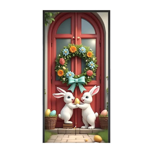 YWIYIUD 1PC Happy Easter Door Cover Easter Decorations, 71x35 Inch Easter Rabbit Eggs Door Banner Welcome Easter Banner Spring Theme Rabbit Door for Front Door Wall Indoor Outdoor Home Decor
