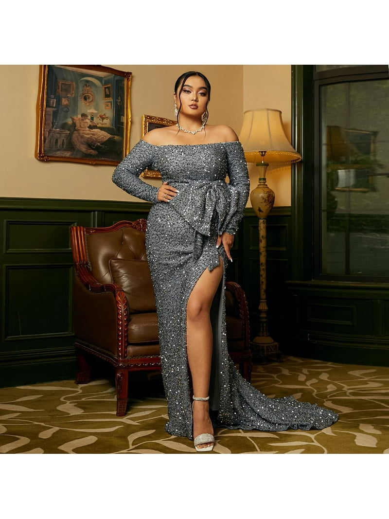 Women's Plus Size Formal Sequin Prom Floor Length Dress,Long Sleeve  Strapless Large Bow Evening Gown - Walmart.com