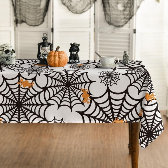 Halloween Tablecloth 60x84 Inch Rectangular, Spider Web Pattern Cobweb Scary Themed White Black Table Cover for Party Picnic Dinner Decor