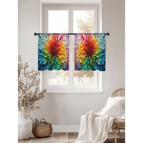 Impasto Floral Sheer Curtains 45 inches Long 2 Panels Set Rustic Red Blue Yellow Floral Palette Impasto Tiers Sheers Rod Pocket Small Window Short Curtains for Kitchen Cafe, Each 52" W x 45" L