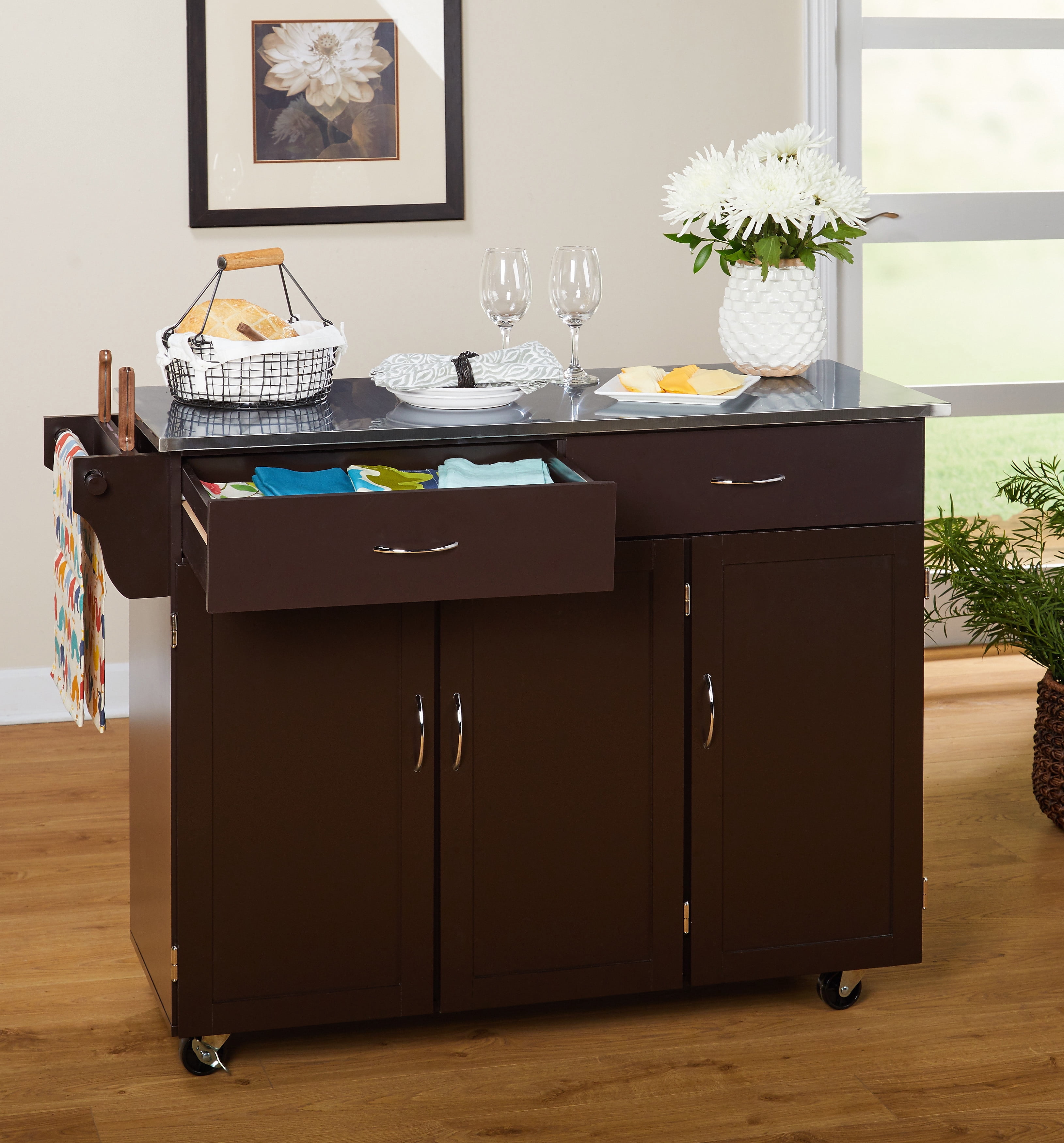 TMS Extra Large Rolling Kitchen Cart with Stainless Steel Top, Cabinets, Drawers, Adjustable Shelf, and Knife Block, Espresso