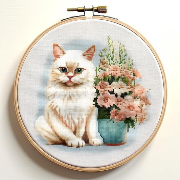 White Cat and Flowers Stamped Cross Stitch Kits for Beginners Easy with Hoop 11CT Needlepoint Embroidery DIY Counted Cross Stitch Kits Art Craft Wall Decor 35x35cm(2)