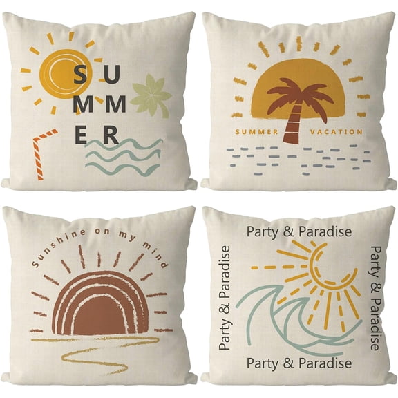Summer Pillow Covers 18x18 Inch Set of 4 Boho Style Throw Pillow Covers Summer Farmhouse Cushion Case Decor for Sofa Couch