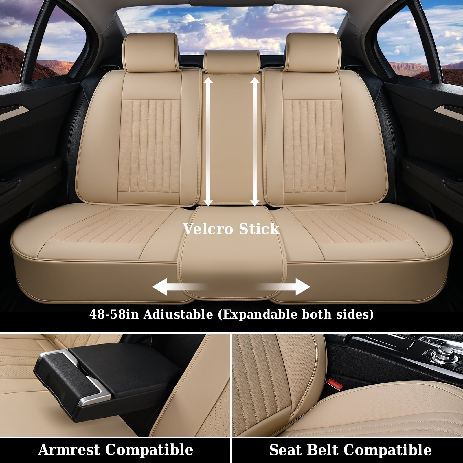 Coverado Car Seat Covers Full Set, Beige Front and Rear Seat Protectors, Waterproof Faux Leather Universal Fit for Most Cars