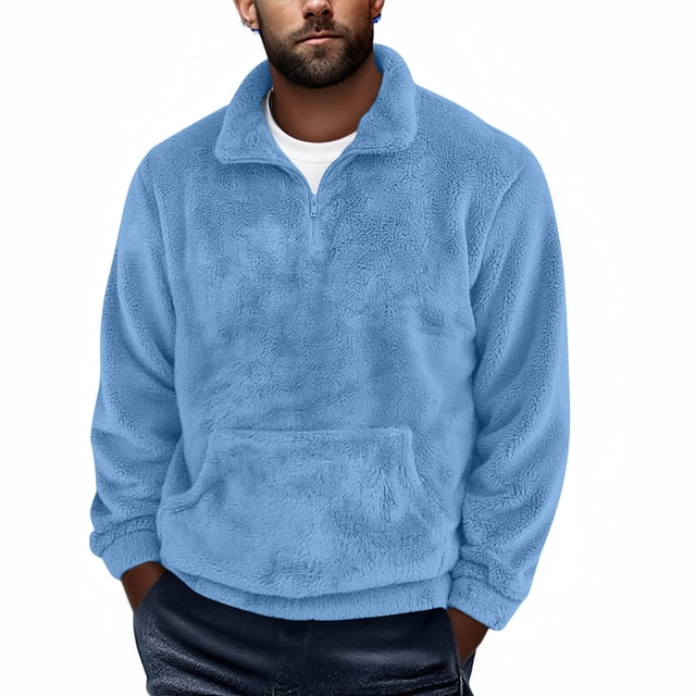 aohooy Mens Winter Fall Fuzzy Sherpa Sweatshirt - Quarter Zip Warm Fleece Pullover with Kangaroo Pocket Blue,L
