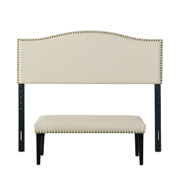 Nailhead Trim Headboard and Bench Set in Linen Fabric