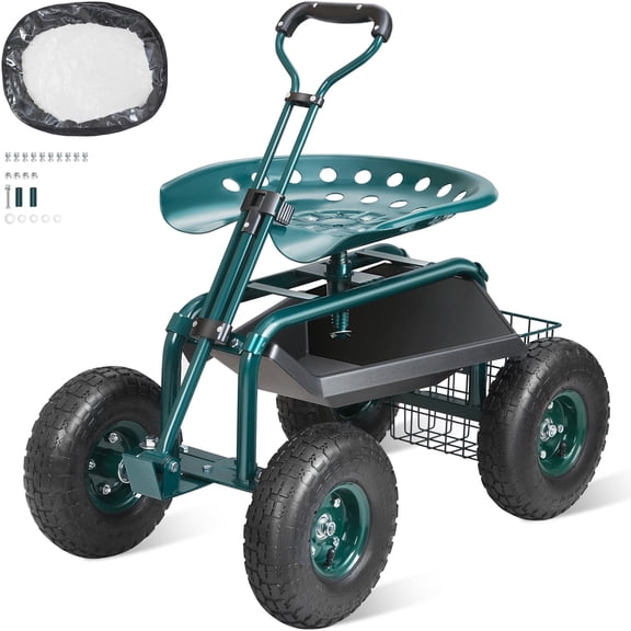 VEVOR Rolling Garden Cart with Seat, 360°Rotating Garden Stool for Planting, Wagon Scooter with Steering Handle & Utility Tool Tray, Suitable for Patio, Yard, and Outdoors, Green
