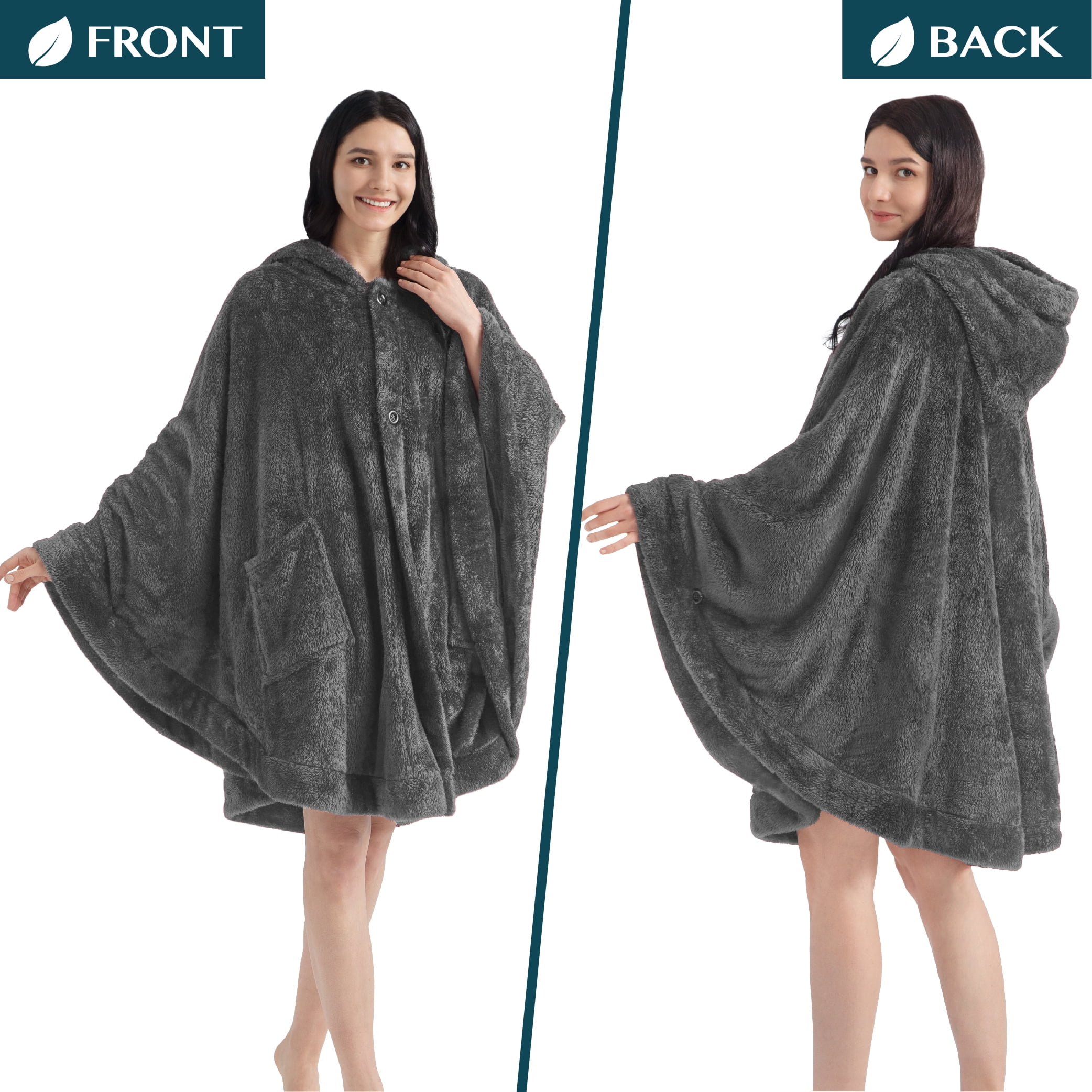 PAVILIA Angel Wrap Hooded Blanket Poncho, Wearable Blanket Throw Wrap Poncho for Women Adult, Cozy Fluffy Sherpa Fleece Shawl Cape with Hood pockets, Warm Gift for Mom Wife, Dark Gray